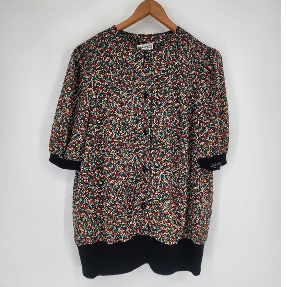 Vintage Floral Button Front Blouse Black Trim Size 20 Made in USA - Picture 2 of 12